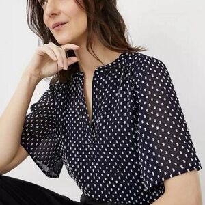 Ann Taylor Navy and White Shirred Split Neck Popover – Size Small